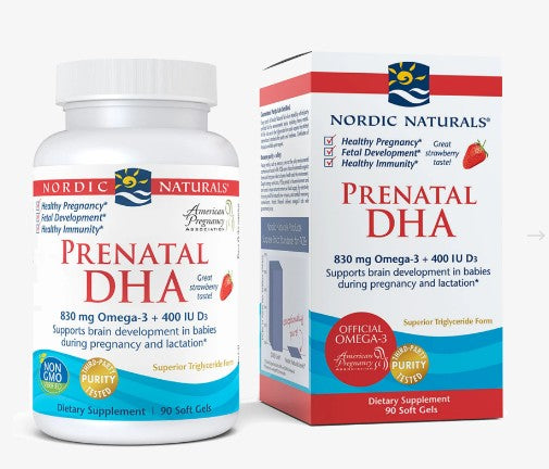 Nordic Naturals prenatalna DHA Omega-3 830 mg s vitaminom D3 90 mekih kapsula (jagoda)