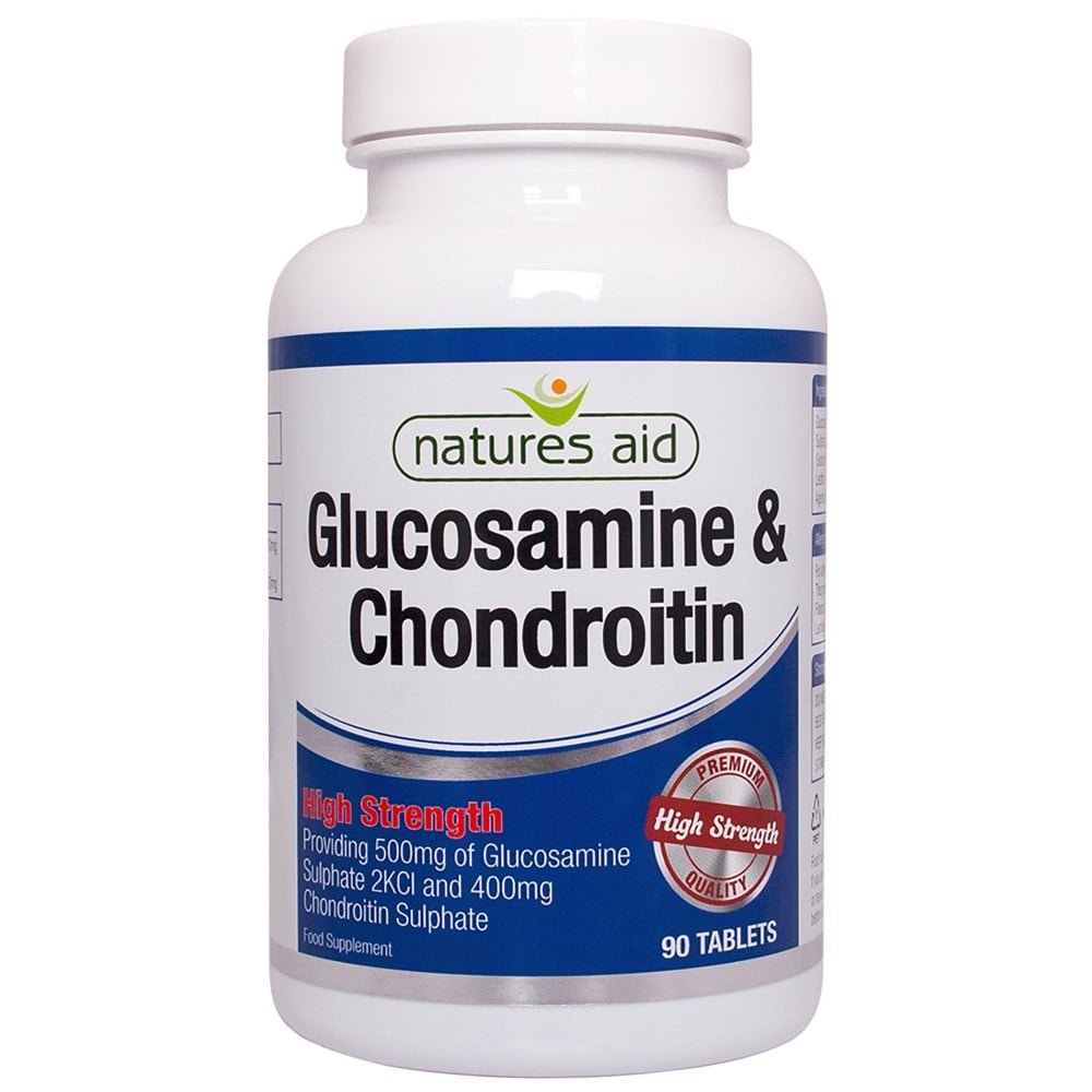 Natures Aid vysoko účinný glukózamín sulfát 500 mg a chondroitín 400 mg.